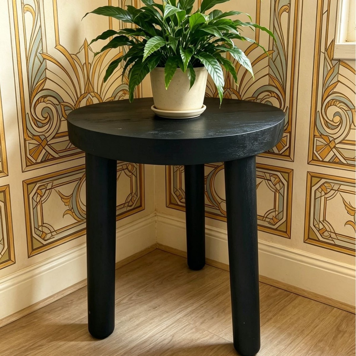 Black solid wood round side table with thick legs, modern style sofa corner table, small apartment bedside storage bench, floor-standing flower stand