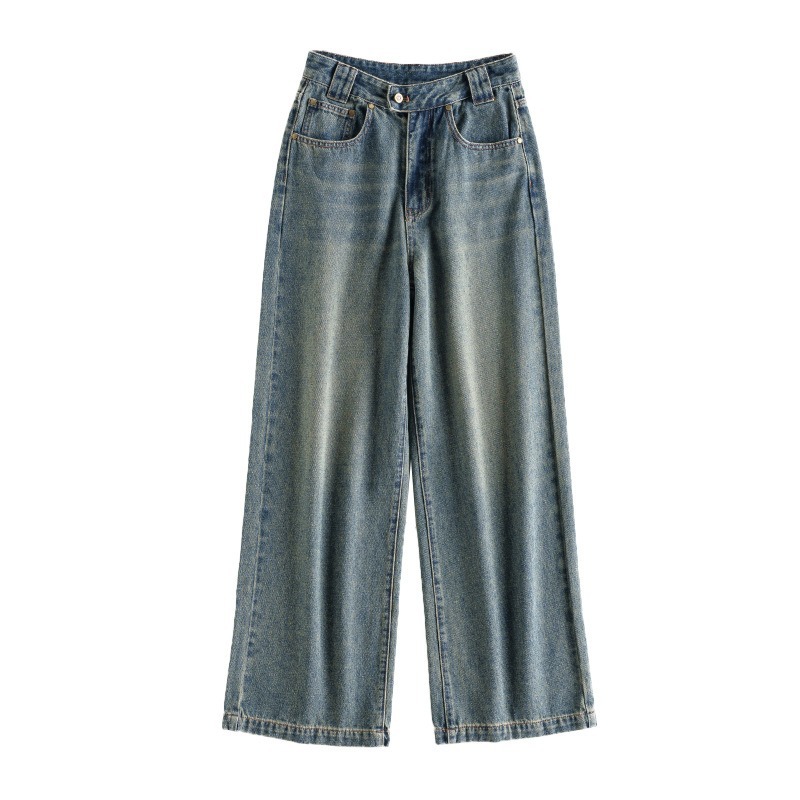 새로운 복고풍 디자인 센스 높은 허리 넓은 다리 청바지 느슨한 슬리밍 올 매치 바지 패션 간단한 직선 다리 바지