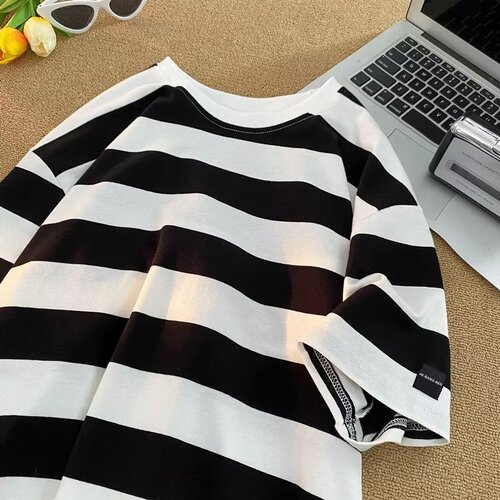 Men's Color Block Striped Short Sleeve T-Shirt, Cotton, 2024 Summer New Hong Kong Style Retro Streetwear Half Sleeve Loose Casual Top