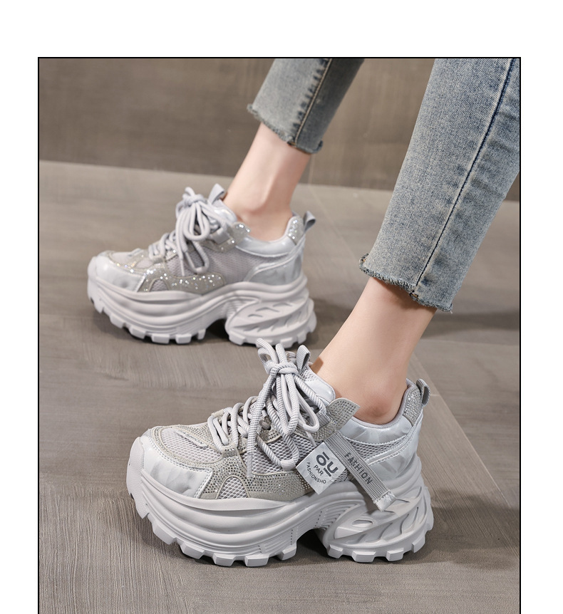 Giày sneaker nữ chunky đế dày lưới thoáng khí đính đá rhinestone — màu be chi tiết 12