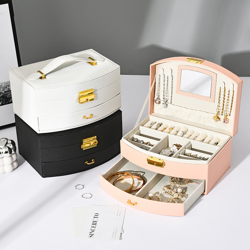 跨境简约风首饰收纳盒便携手提首饰盒大容量珠宝项链收纳盒饰品盒