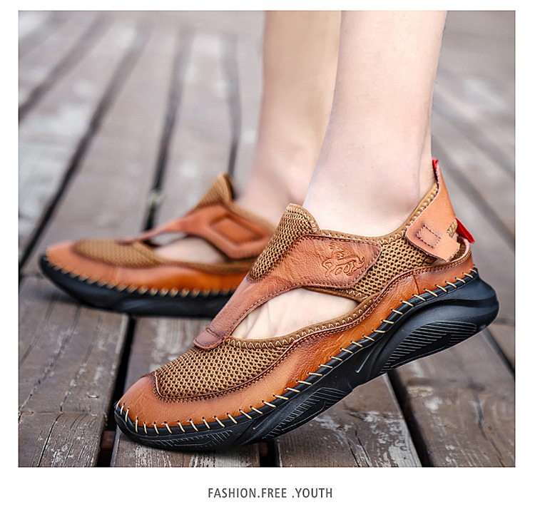 Cross-border large-sized outdoor wading light-soled sports sandals, men's trendy summer Korean version cowhide toe cap beach shoes, clogs undefined