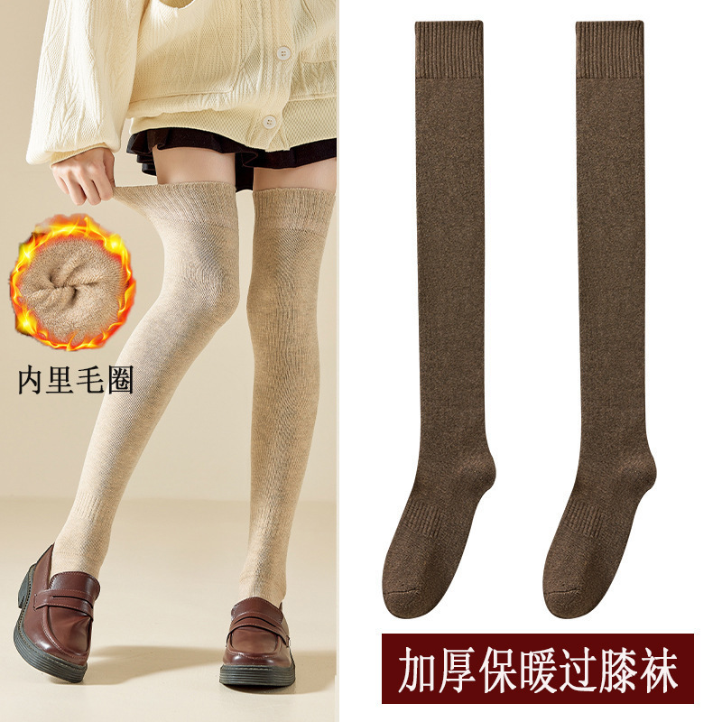 过膝加厚毛圈袜子女冬天保暖高筒小腿袜长筒护膝袜套黑色长袜女士|undefined