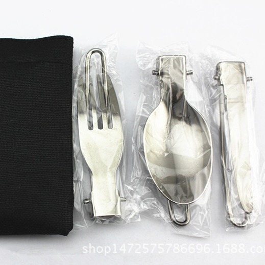 不锈钢户外野营野餐餐具 旅行折叠餐具三件套 不锈钢折叠刀叉勺