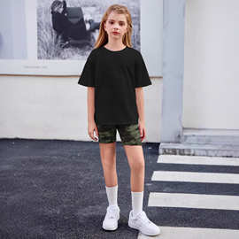 2026年新品女童夏季2件套装落肩休闲T恤骑行短裤儿童时尚迷彩套装