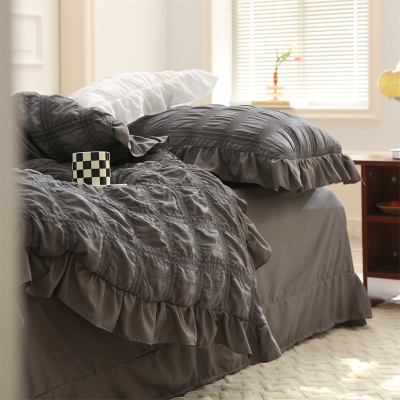 跨境夏季爆款华夫格泡泡纱花边夏被四件套床品纯色胖被套床单批发