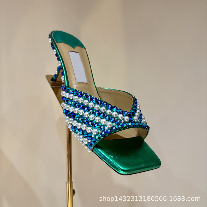 High-End 2026 New Style Slippers, European and American Square-Toed, Heavy-Duty Rhinestone Casual High-Heeled Open-Toe Luxurious Evening Sandals