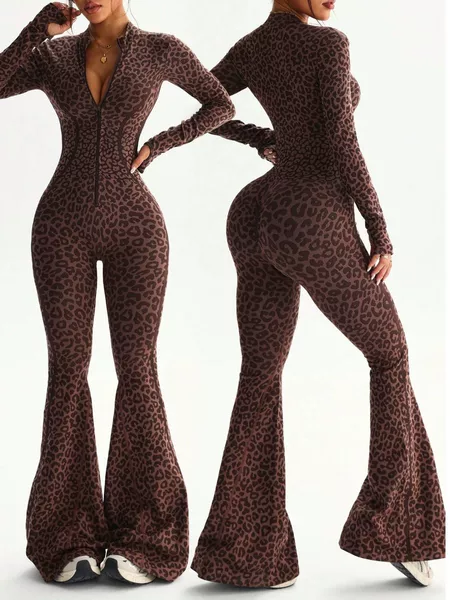 European and American Cross-Border Summer Women's Clothing, Sexy Hot Girl Deep V-Neck Zipper Fashion Leopard Print Slim-Fit Bodycon Yoga Outfit