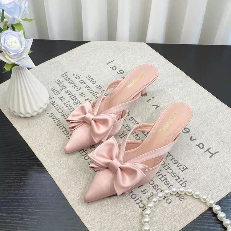 Лук с головкой половинной тапочкой женский 2024 летний новый атласный туфли на каблуках с острыми каблуками