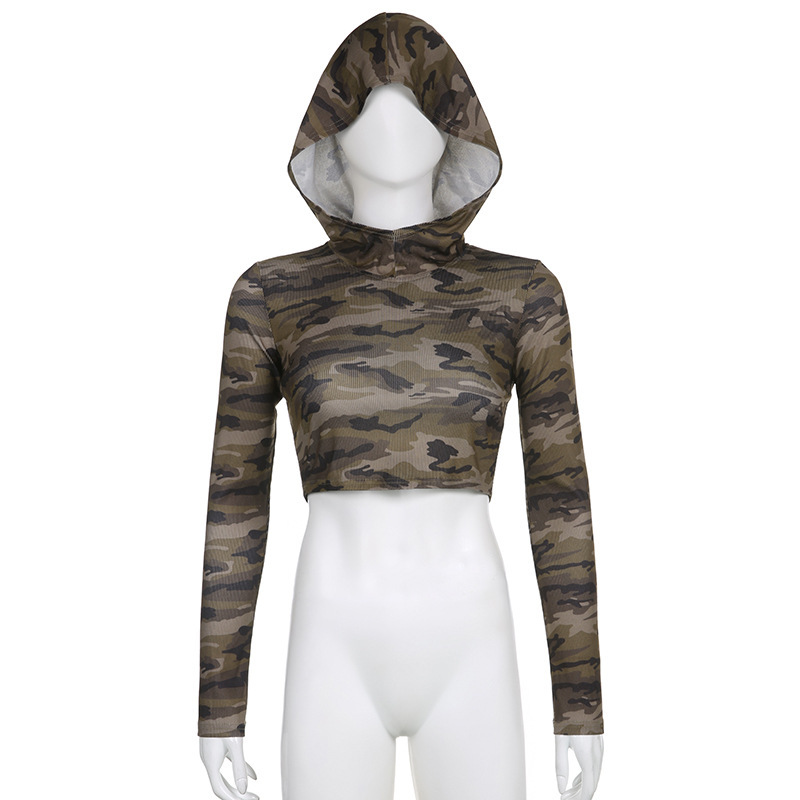 European and American High Street Camouflage Hooded T-Shirt for Women with Niche Design Cut Out Backless Short Waist-Revealing Dancing Sexy Top European and American High Street Camouflage Hooded T-Shirt for Women with Niche Design Cut Out Backless Short Waist-Revealing Dancing Sexy Top
