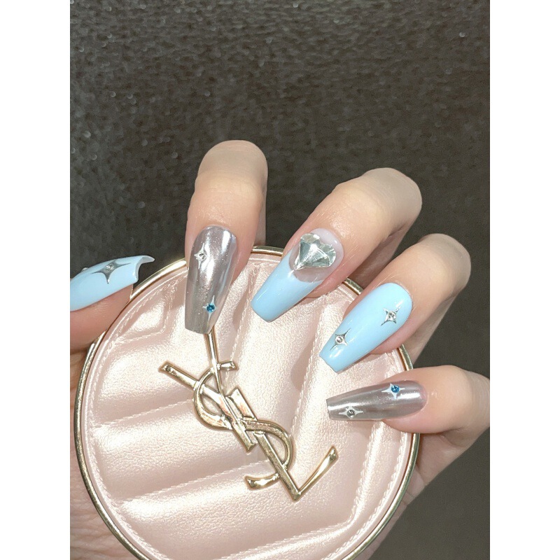 [original Real Shot] Purely Handmade Wearable Nails Internet Celebrity Hot Style Nail Art Patch Silver Blue Flash Heart Diamond Starburst