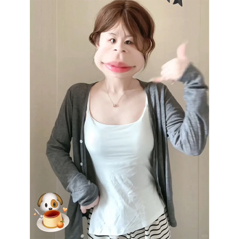 Gray Knitted Cardigan Summer Thin 2025 Jacket Women's Spring and Autumn Outer Suspender Blouse Top Black Summer