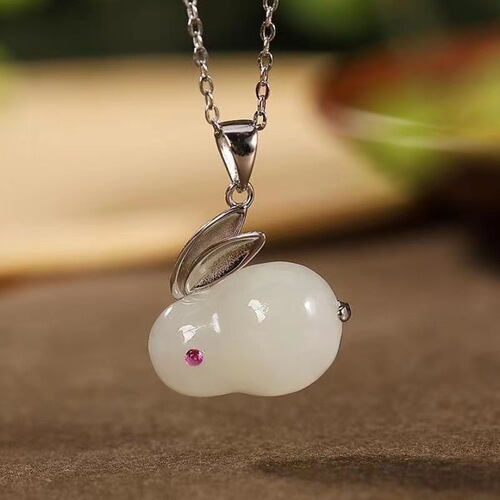 Jade Rabbit Set Imitating Natural Hetian Jade Ring, Ancient Gold Inlaid Jade Agate Rabbit Necklace, Cute Rabbit  Rabbit Year