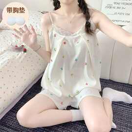 实拍夏季新款云朵棉固定胸垫吊带睡衣女甜美可爱卡通家居服套装