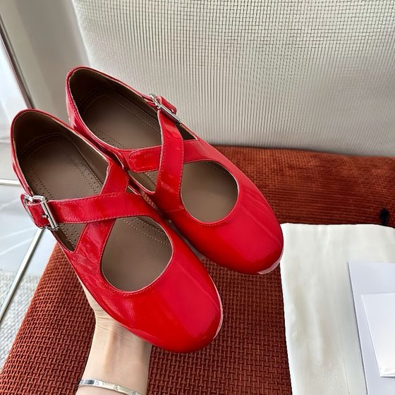 [Gao Ding Private Edition] Niche Style Round Head Horse Hair Cross Strap Flat Ballet French Shallow Mouth Mary Jane Shoes