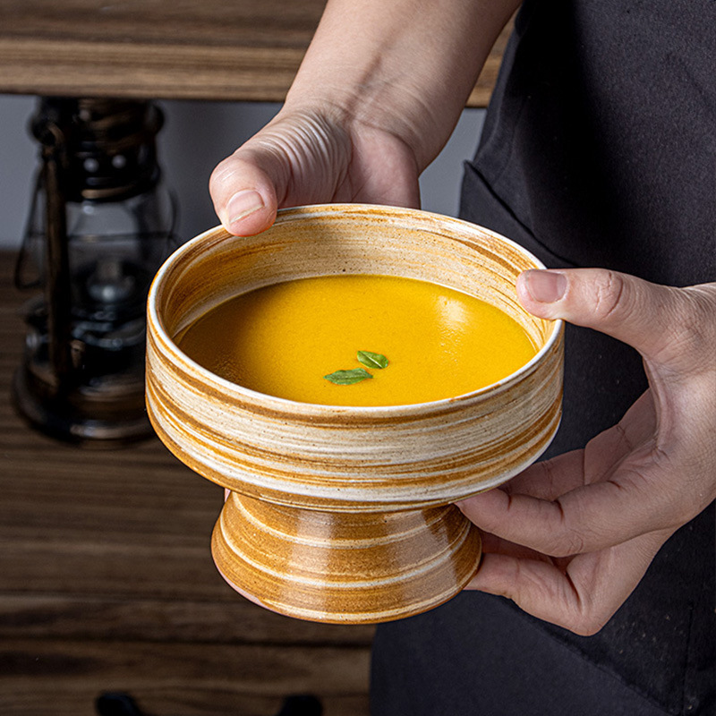 Japanese-Style Rustic Pottery Vintage Handmade Brushed-Pattern Tall Bowl Dessert Bowl Cooking Utensils Fruit Bowl Breakfast Bowl Microwave-Safe