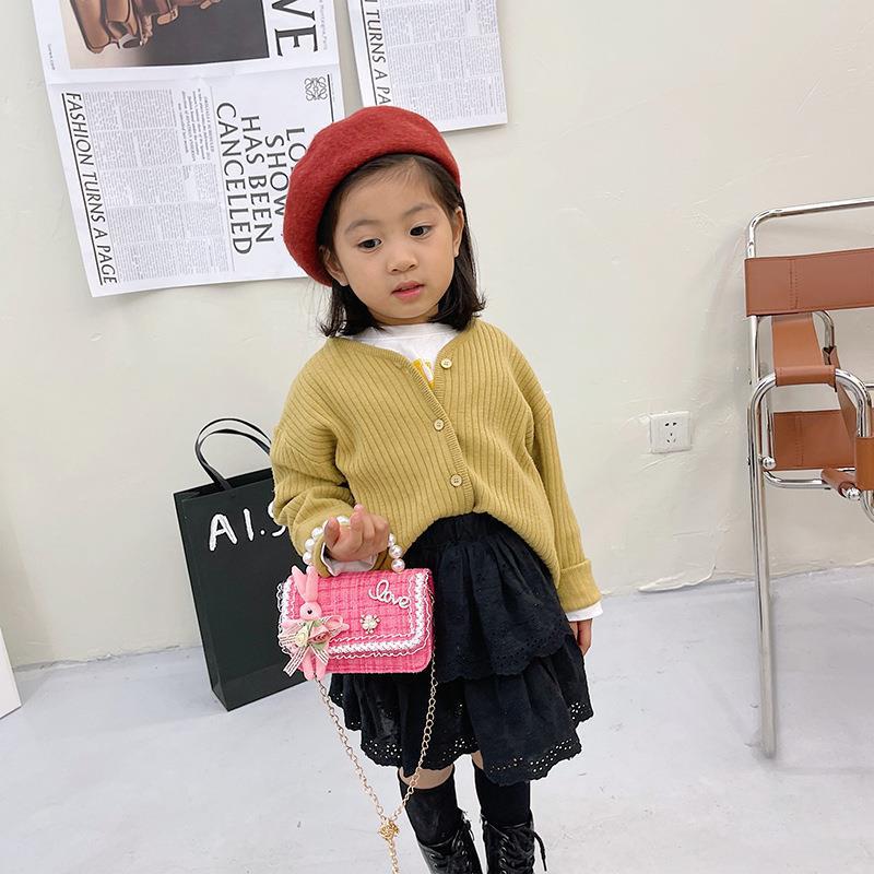 Bolso de perlas para niños 2022 Otoño e Invierno algodón y lino pequeño bolso cuadrado bolsa decorativa de moda para niñas lindas bolsa de mensajero