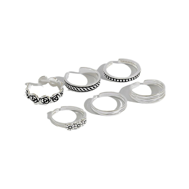 Korean Style S925 Sterling Silver Vintage Retro Ring Set Of Six_voghion.com