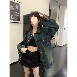 港风复古做旧牛仔外套女秋季新款休闲宽松显瘦中长款百搭夹克上衣
