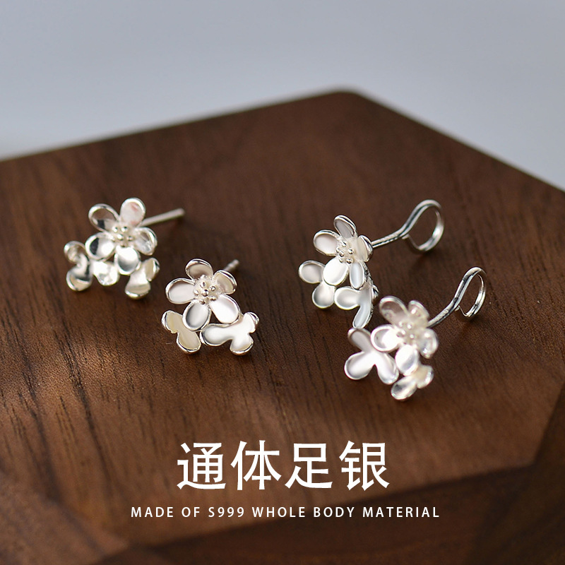 S999足銀花朵耳釘女小眾設計高級感耳勾養耳免摘春夏飾品