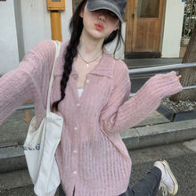 巨好看粉色polo领针织开衫女春季薄款镂空慵懒马海毛毛衣外套上衣