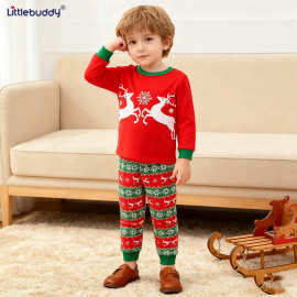 圣诞麋鹿儿童新款男童棉套装 儿童服装印花圆领家居服两件套