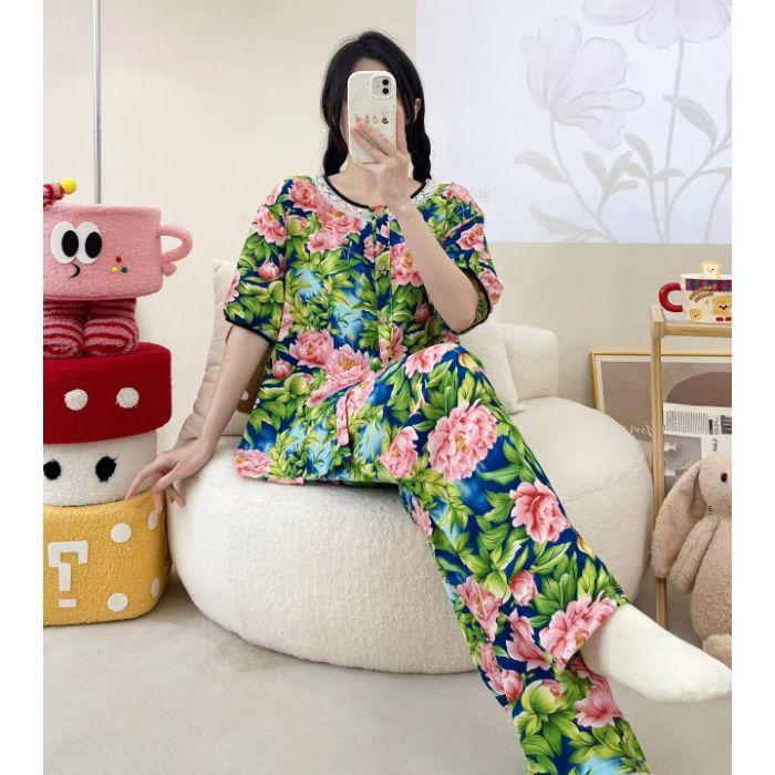 Venta al por mayor transfronteriza de verano algodón nuevo pijama de manga corta con cuello en V cárdigan de cuello redondo pantalones de costura de encaje traje suelto