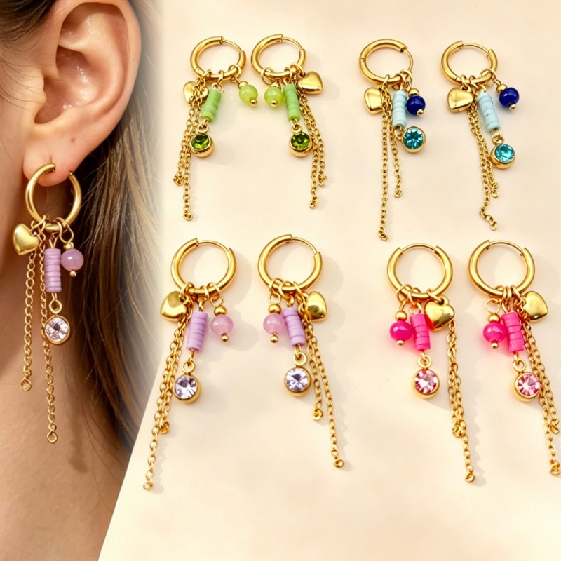 European and American cross-border stainless steel earrings, vintage fashion personalized hoop earrings, soft clay heart-shaped diamond cup, women's tassel pendant earrings