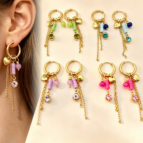 European and American cross-border stainless steel earrings, vintage fashion personalized hoop earrings, soft clay heart-shaped diamond cup, women's tassel pendant earrings