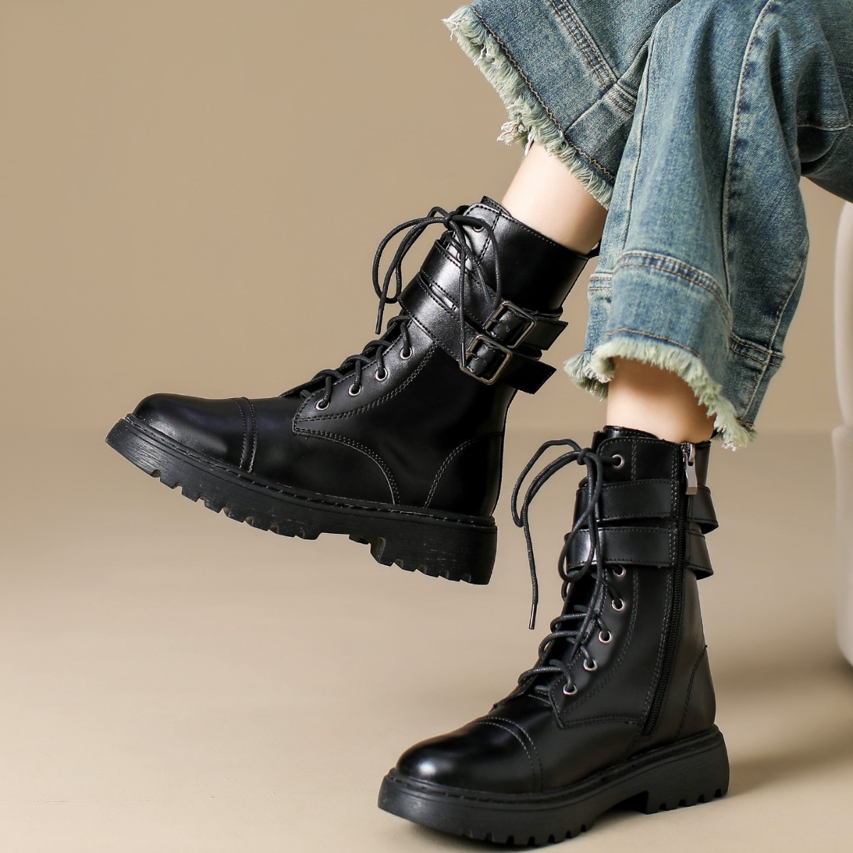 Qy-3 Thick-Soled Round-Toe Boots 2025 New Velvet Short Boots Versatile British Style Motorcycle Boots Large Size Mid-Calf Boots