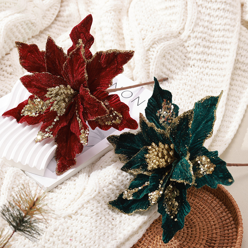 23 nuevos productos transfronterizos de alta calidad flores de Navidad tela de vello hecha a mano polvo adhesivo flor de Navidad decoración del árbol de Navidad colgante