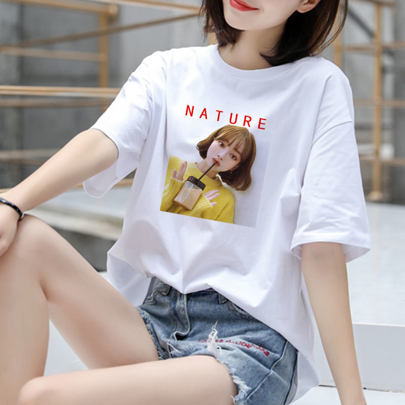 Fashionable summer brand cartoon white T-shirt for students with a…