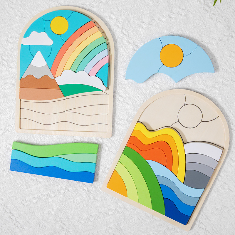 Dibujos animados de madera transfronterizos para niños tridimensionales arco iris de combinación de concentración de la educación temprana bloques de construcción color cognitivo rompecabezas 3d