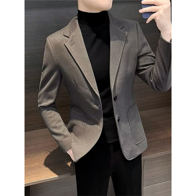 High-end Casual Single-breasted Suit Winter Woolen Small Suit Jacket Men's Slim-fit Thickened Woolen Suit Coat