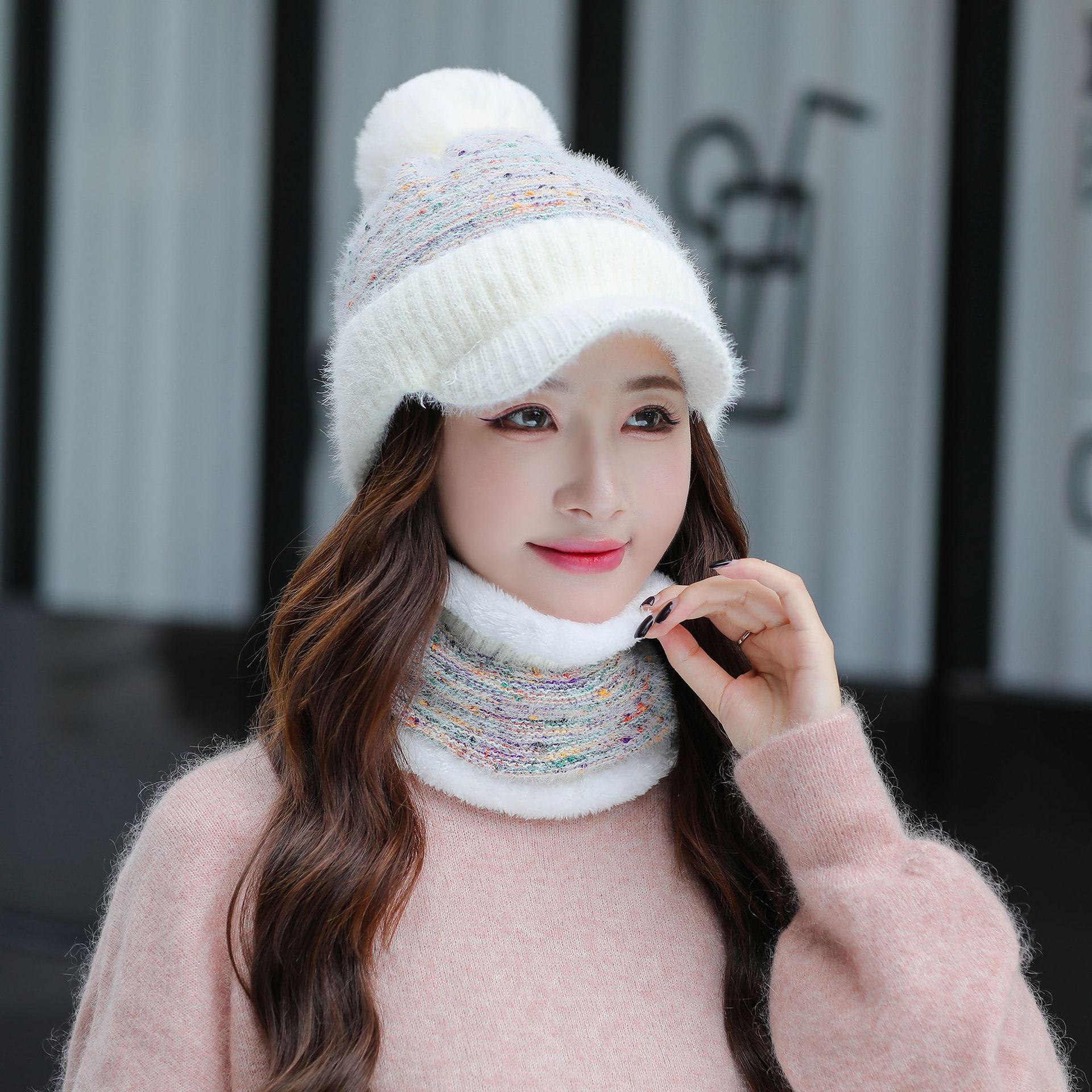 Sombrero de lana enarbolado para mujer Otoño e Invierno estilo coreano de moda bufanda a prueba de frío cálido conjunto de dos piezas sombrero de punto forrado de lana