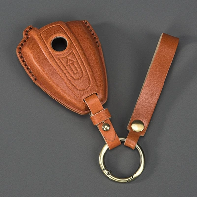 Key Cover Cowhide Leather Car key bag - brown-round-buckle-wrist-strap