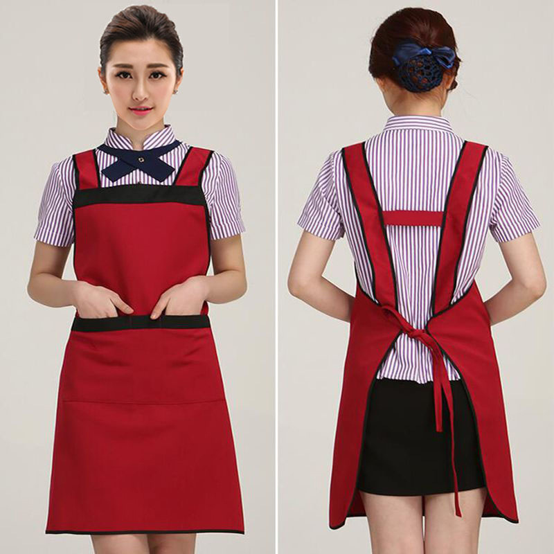 Amazon algodón poliéster delantal H hombro simple Bolsillo grande catering camarero ropa de trabajo cocina delantal logotipo personalizado