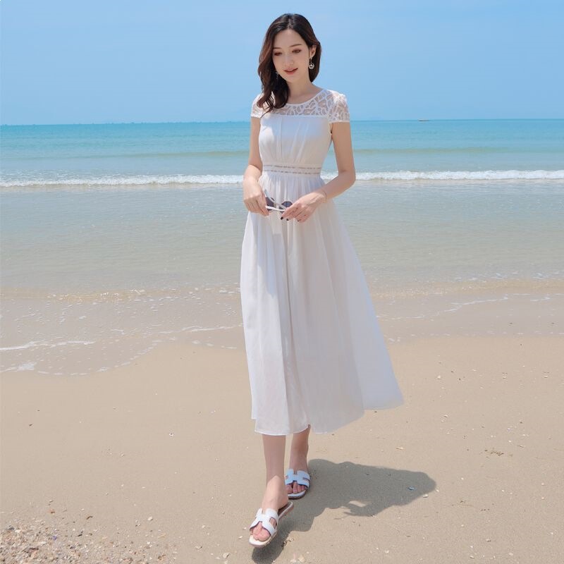 Chiffon Dress for Women, New Summer Style, Lace Splicing, Very Elegant and Slimming Beach Dress, Round Neck, White, Elegant Long Dress