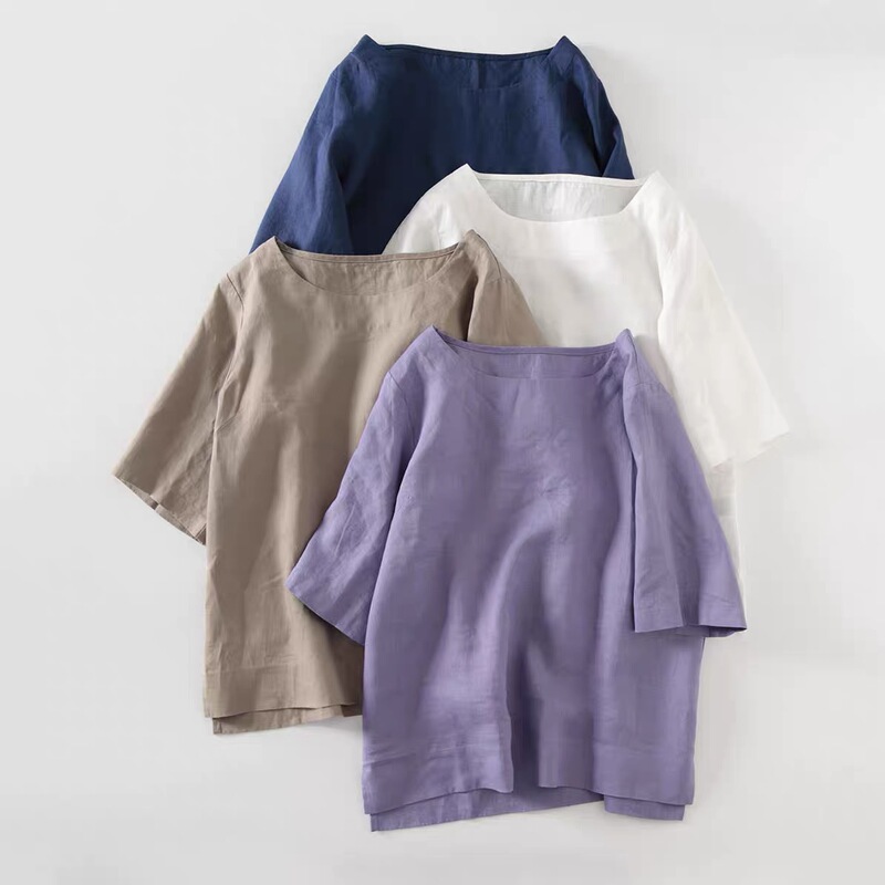 Japanese Lotte Linen Top All-match Round Neck Half-sleeve White T-shirt Japanese Cotton and Linen Women's 2023 Summer