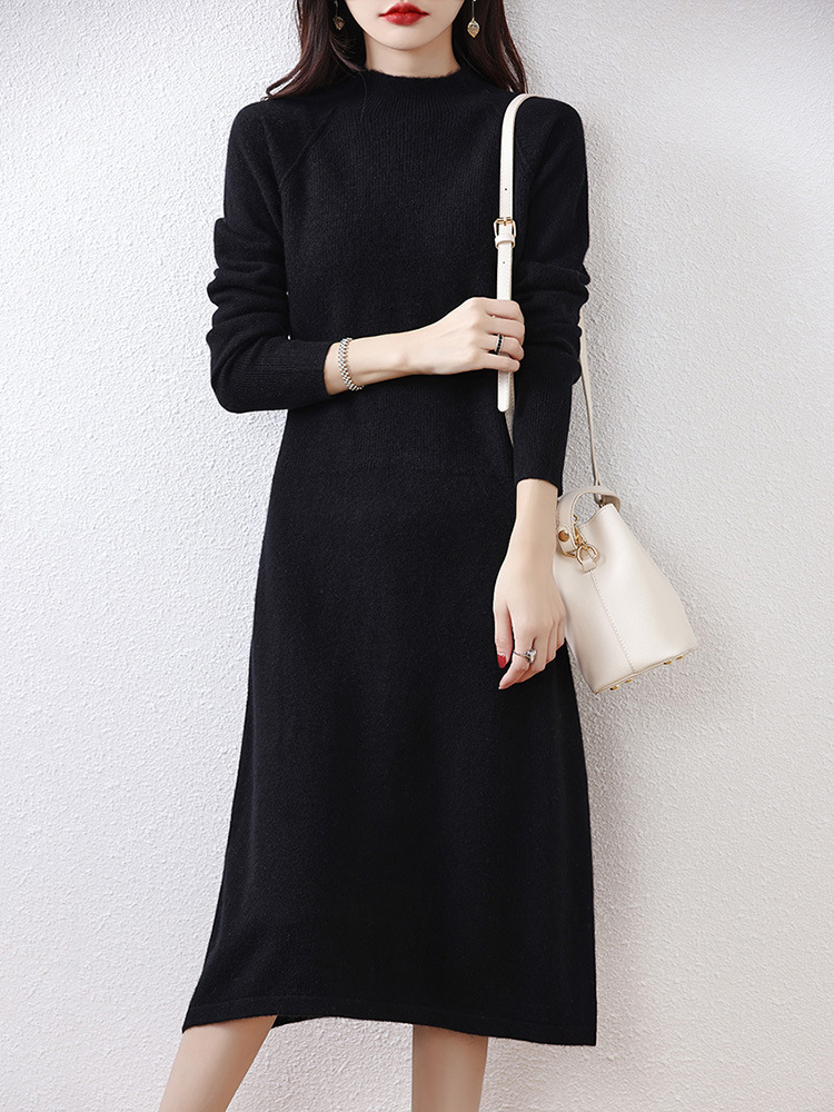 中长款女士打底羊毛裙半秋冬连衣裙修身针织毛裙衣裙长袖显瘦高领