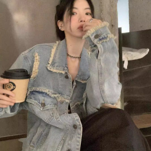 Retro Raw Edge Distressed Ripped Denim Jacket for Women 2025 Spring & Fall Loose Casual Versatile Work Jacket Top