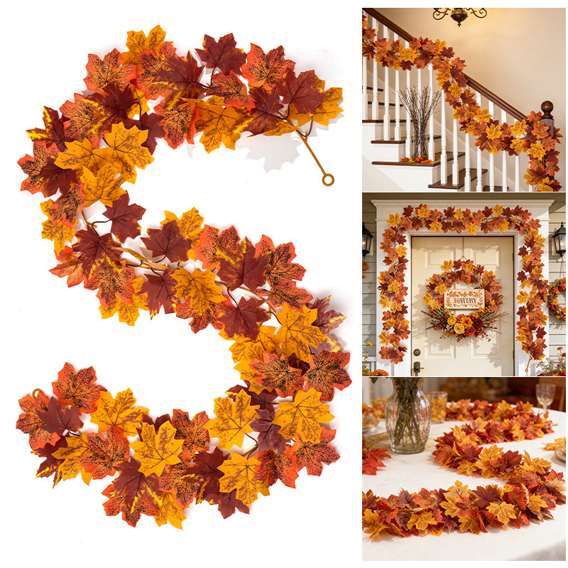 In-Stock Autumn Artificial Maple Leaf Garland Halloween Decoration Artificial Vine Thanksgiving Autumn Maple Leaf Garland