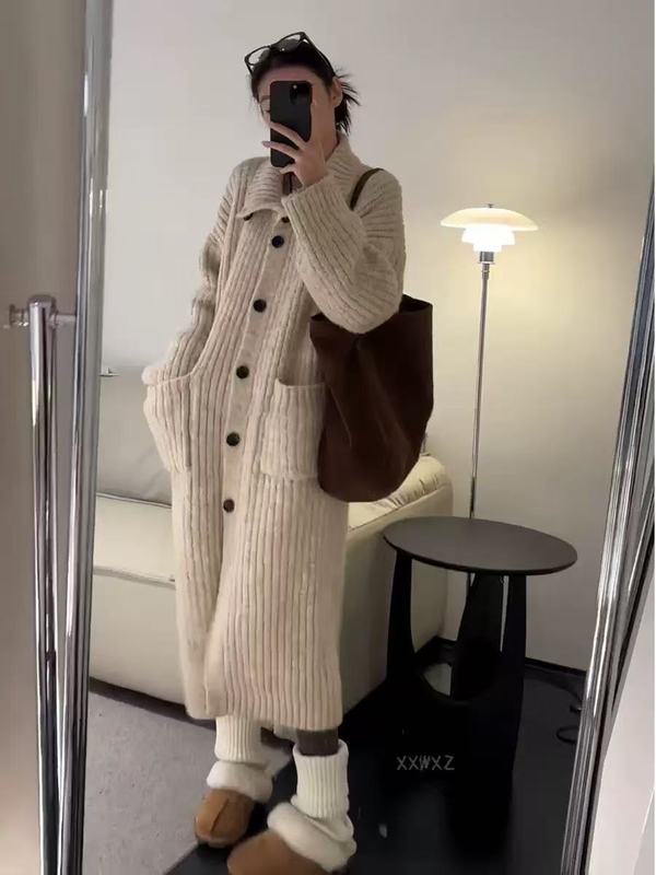 跨境大码女装秋冬季新款毛衣女中长款口袋设计感长驼毛针织外套|undefined