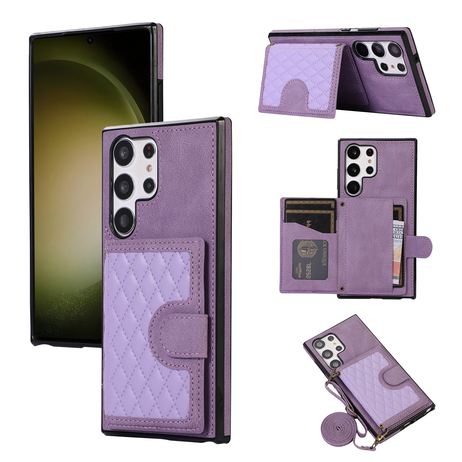 Suitable for Samsung S23U diamond grid case, iPhone 14 crossbody rope, trendy card insertion, small fragrance phone case_voghion.com