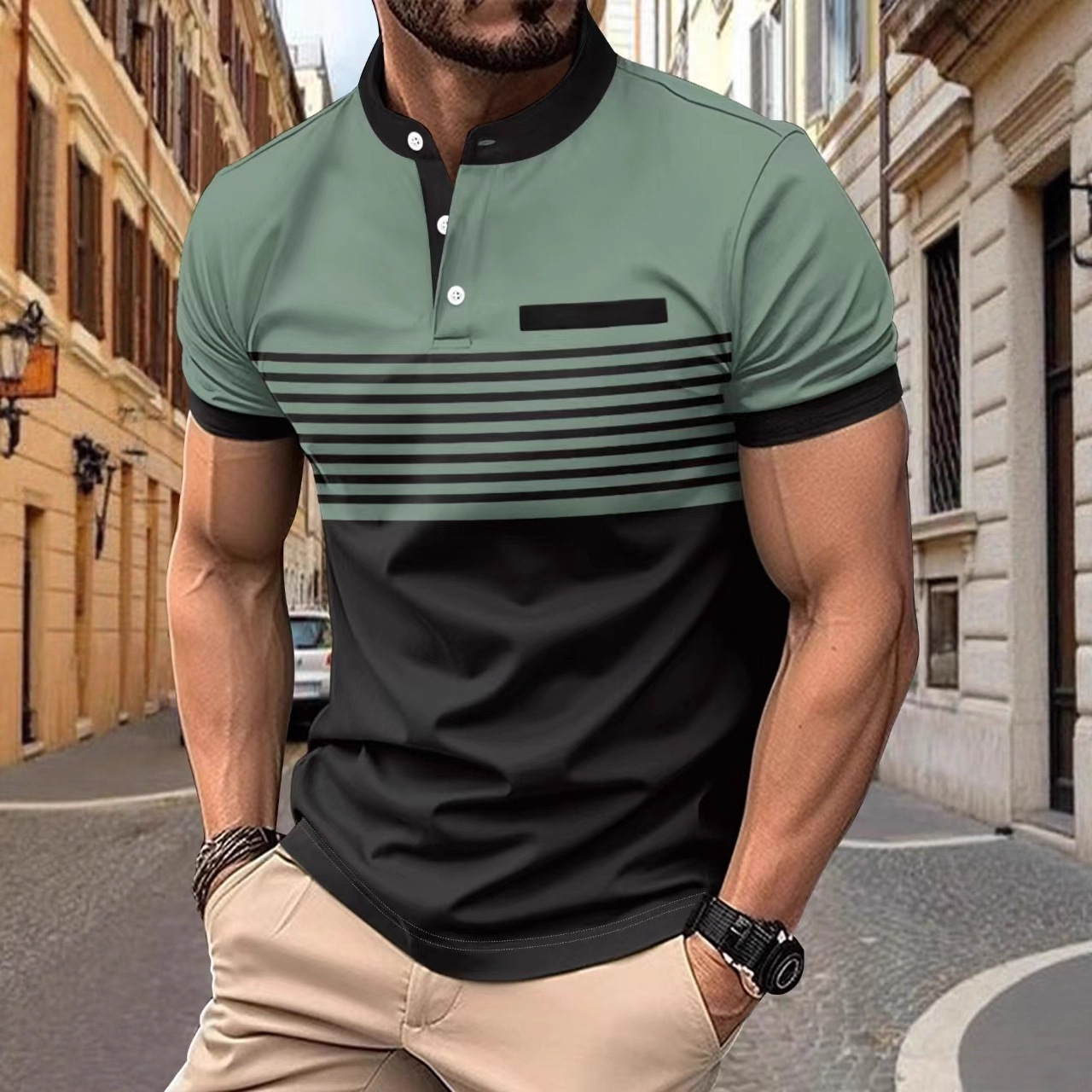 Cross-border 2024 Summer New European and American Men's Striped Collar Short-sleeved Polo Shirt Men's Golf Henry Shirt