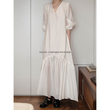 首家与她原创小众设计 春秋法式仙女衬衫知识V领宽松长袖连衣裙女