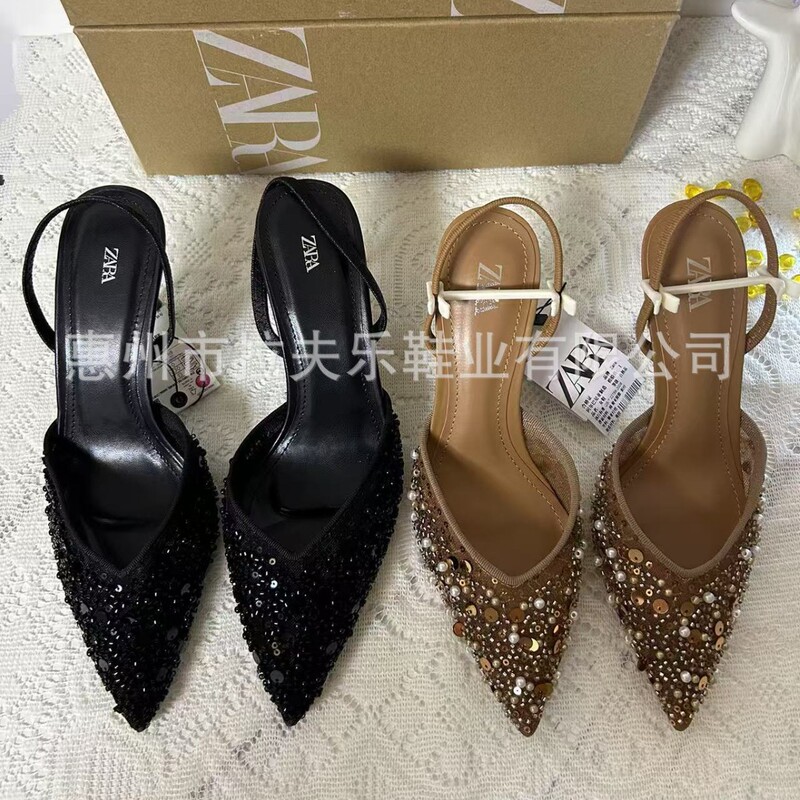 Za Spanish Spring New Women's Shoes Apricot Beaded Mesh Slingback Pointed Toe Stiletto Heel Mule Sandals