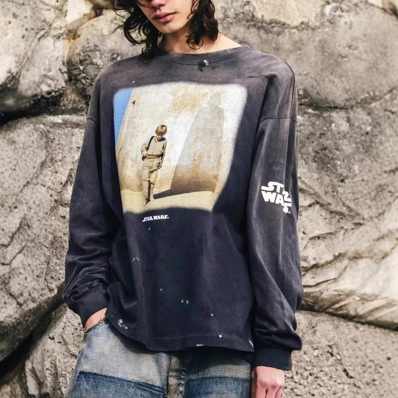 Saint of Michael Star Wars American Fashion Retro Old Damaged Washed Long-Sleeved T-Shirt Bottoming Shirt for Men