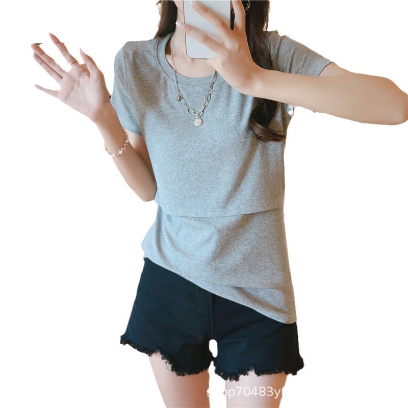 Elastic base body-friendly T-shirt for pregnant with a round collar…