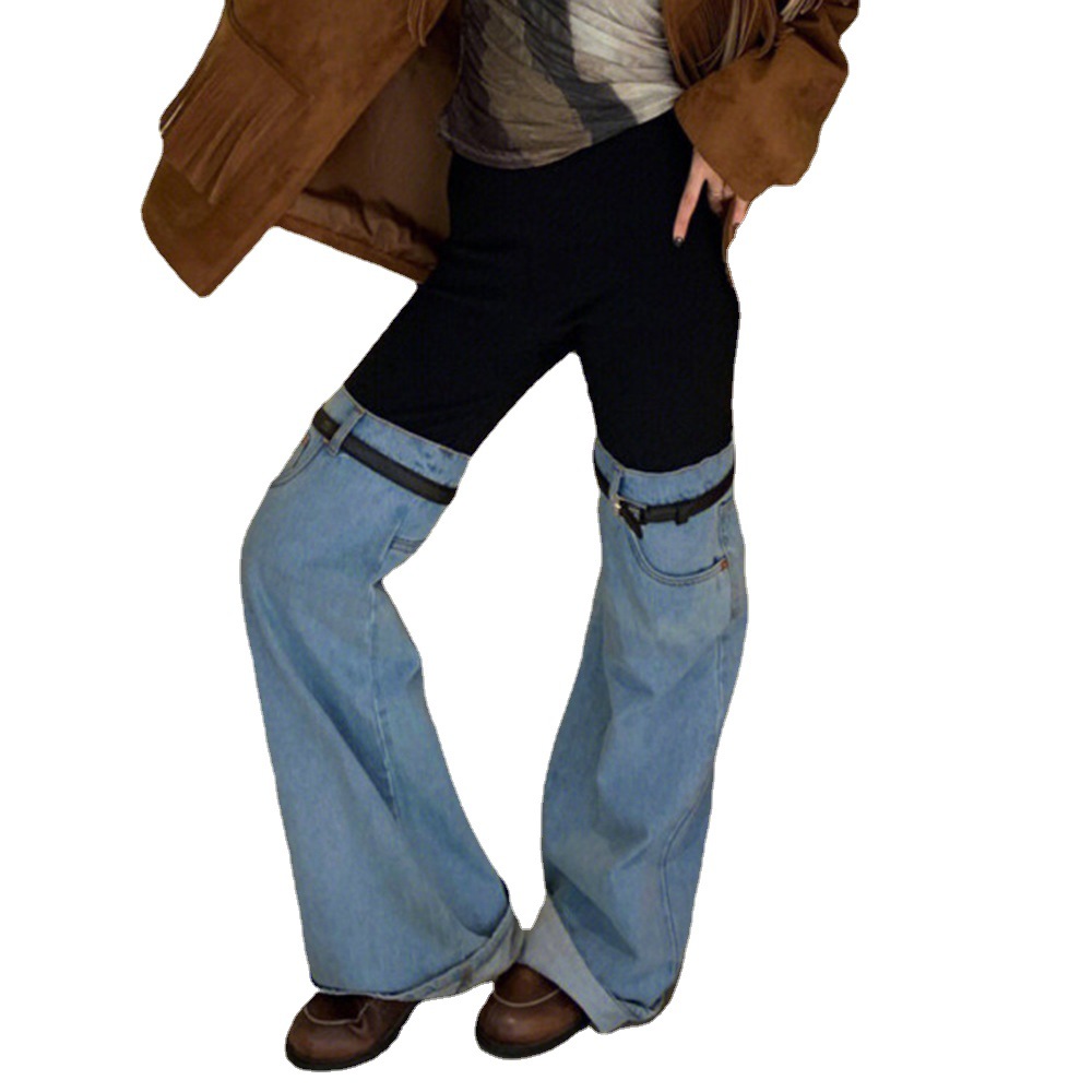 Streetwear Contrast-Stitch Flared Jeans – High-Waisted Cotton Blend Wide-Leg Pants With Raw Hem (S-XL, Non-Stretch Retro Fit)_mkmklike.com